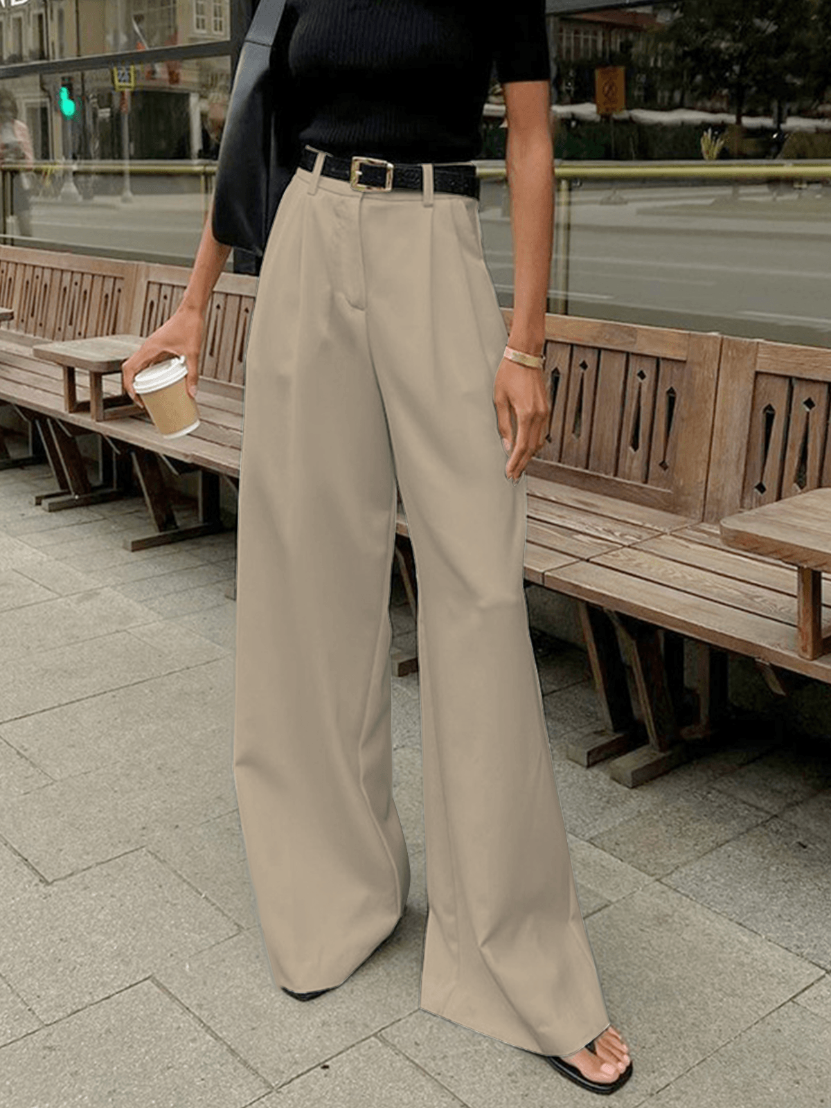 Caleni | Women’s Wide-Leg Trousers - High Waisted - Pleated Front - Tailored Fit Elegant Style