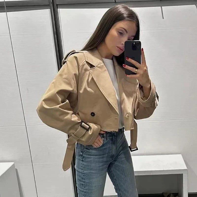 Women’s Short Cropped Trench Coat – Relaxed Fit – Double-Breasted – Belted Cuffs – Boxy Silhouette