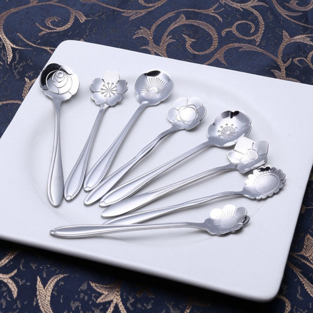 Floral Teaspoon Set Stainless Steel With Flower Design Silver 8 pieces NALANI