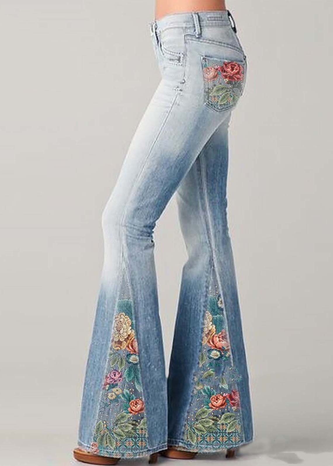 Women’s Flare Jeans – High Waist – Embroidered Patchwork – Retro Boho Style – Full Length