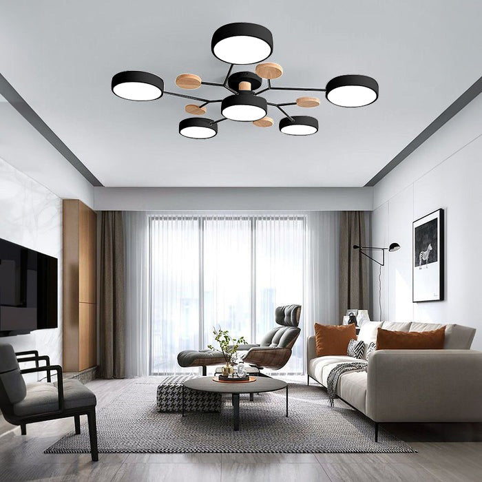 Contemporary Round Iron LED Semi-Flush Chandelier Black 6Lights-D90*H14CM 3 Colour Change By Switch NALANI