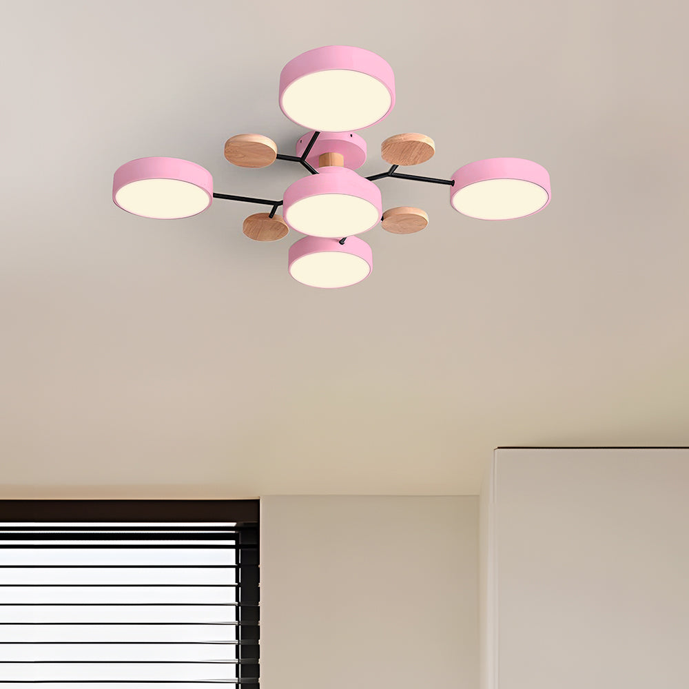 Contemporary Round Iron LED Semi-Flush Chandelier Pink 5Lights-D94*H14CM 3 Colour Change By Switch NALANI
