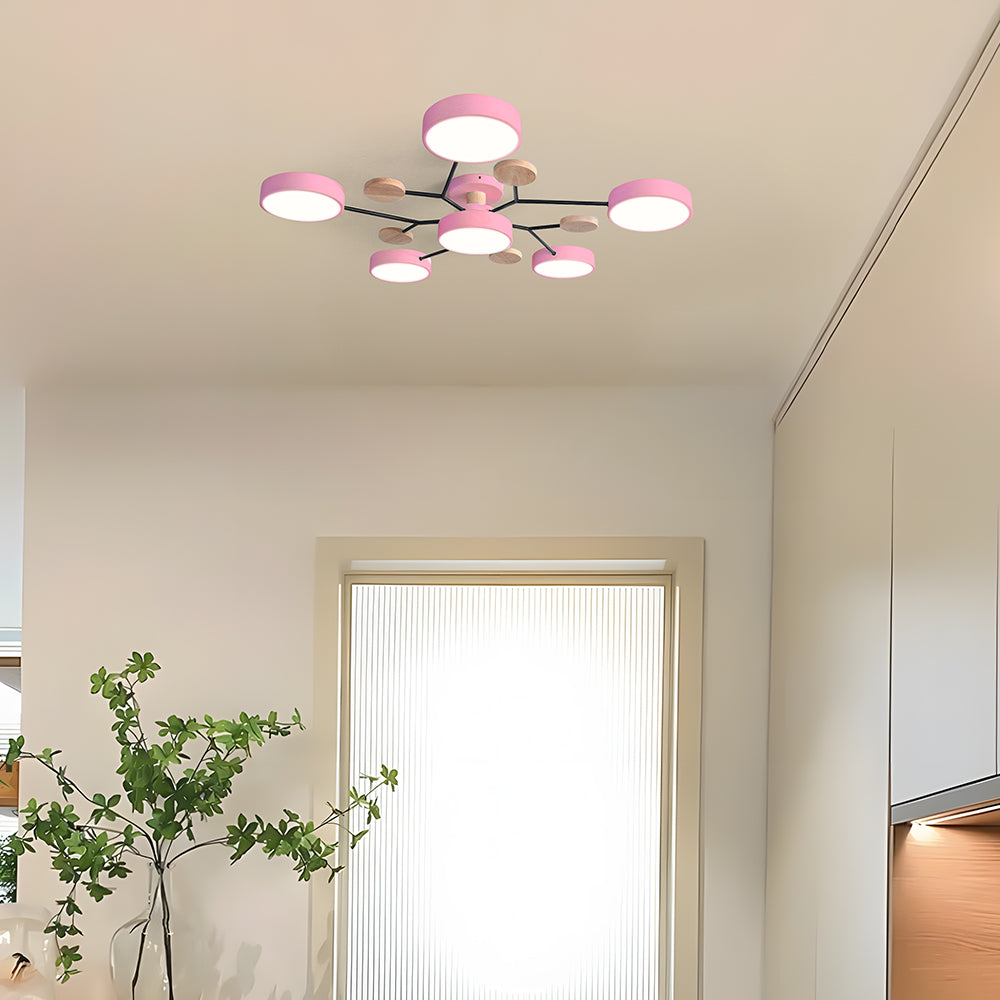 Contemporary Round Iron LED Semi-Flush Chandelier Pink 6Lights-D90*H14CM White Light NALANI