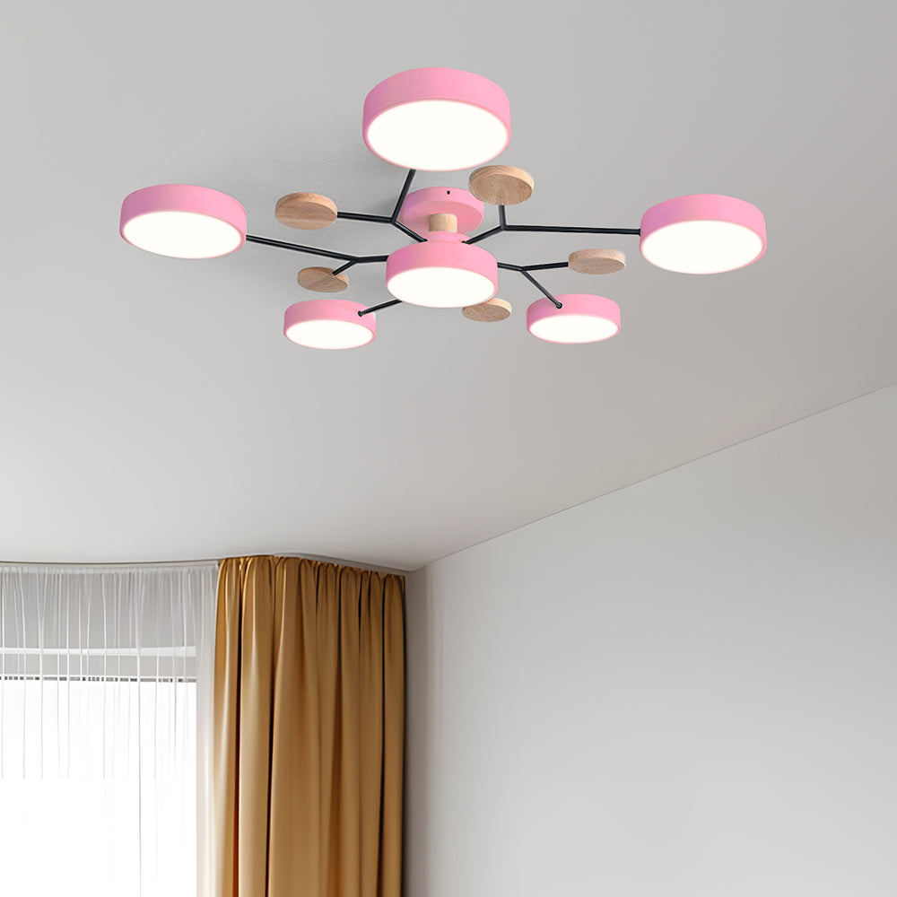 Contemporary Round Iron LED Semi-Flush Chandelier Pink 6Lights-D90*H14CM 3 Colour Change By Switch NALANI