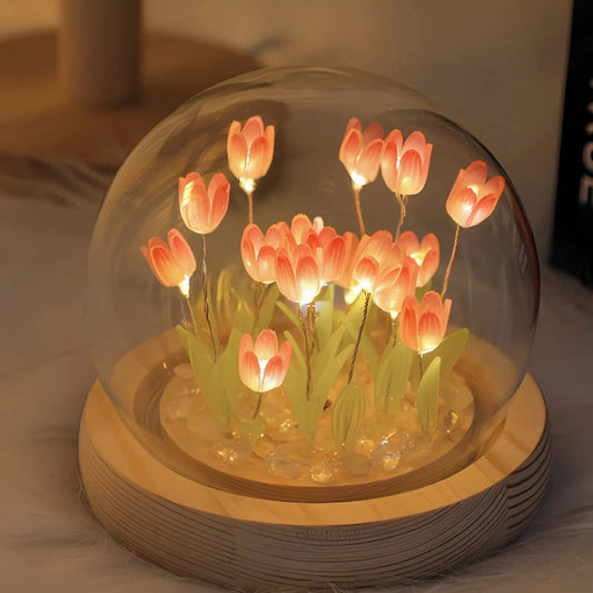 Graceful Tulip Light Under Glass Dome for Soothing Ambiance Pink NaLani