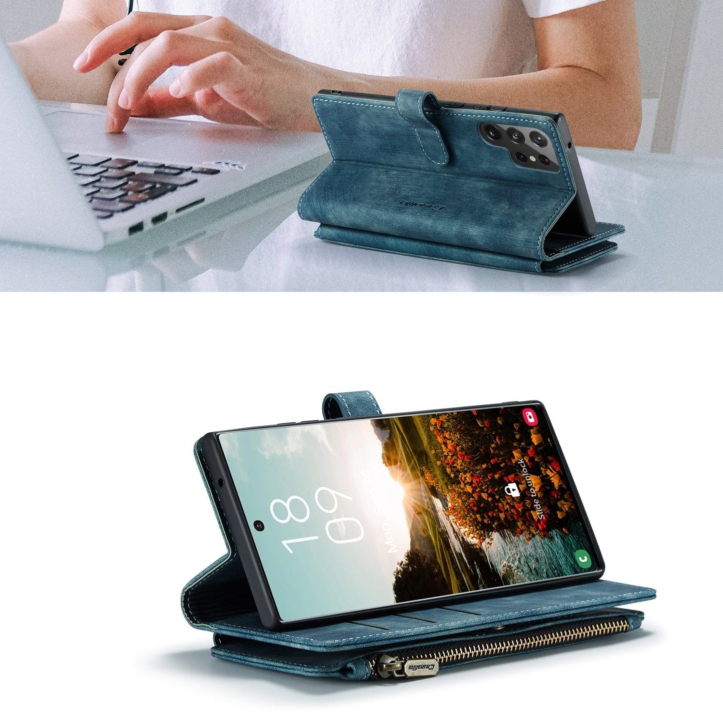 Leather Wallet Case With Zipper For Smartphones Card Slots-Portemonnees-NaLani