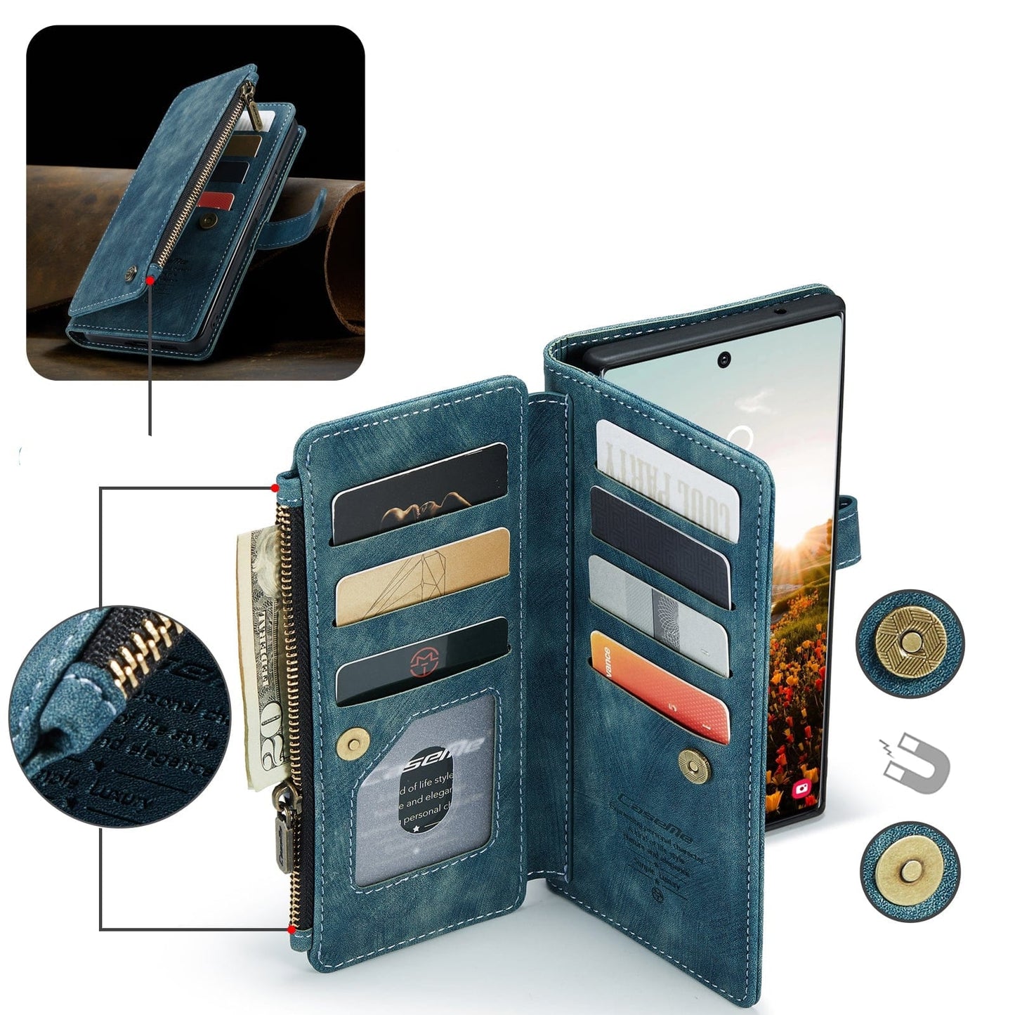 Leather Wallet Case With Zipper For Smartphones Card Slots-Portemonnees-NaLani