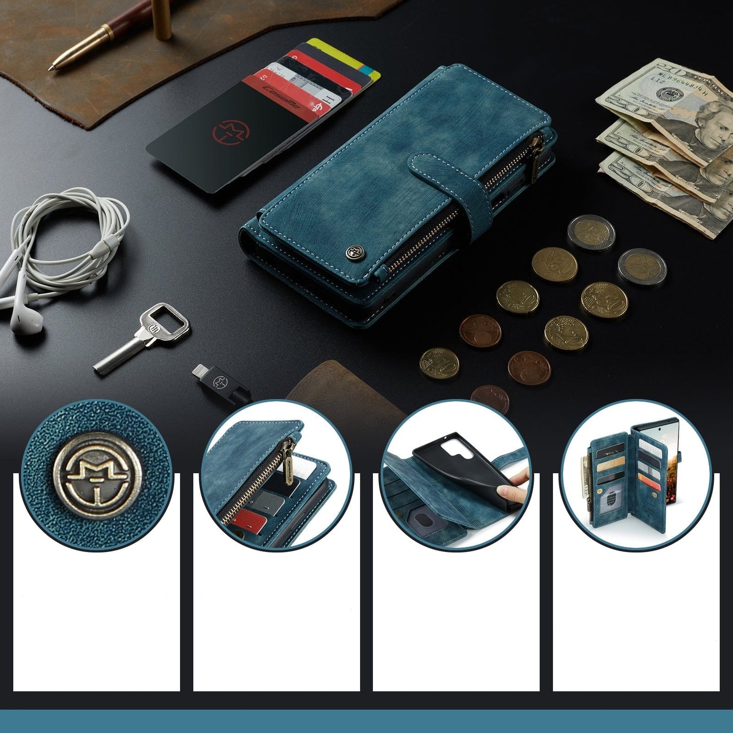 Leather Wallet Case With Zipper For Smartphones Card Slots-Portemonnees-NaLani