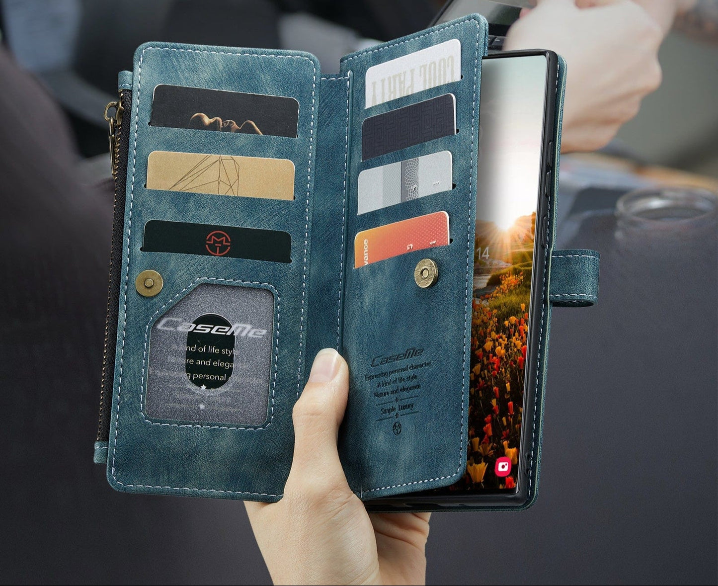 Leather Wallet Case With Zipper For Smartphones Card Slots-Portemonnees-NaLani