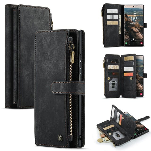 Leather Wallet Case With Zipper For Smartphones Card Slots-Portemonnees-NaLani