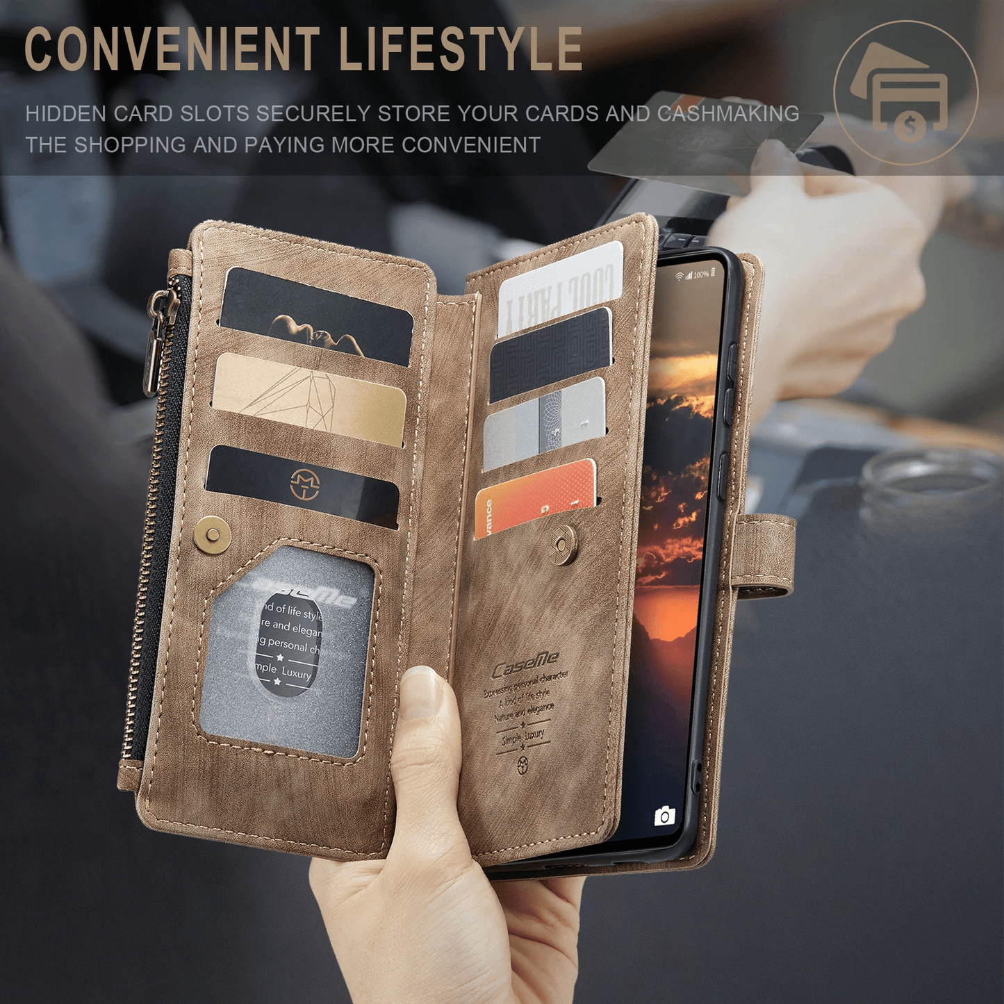 Leather Zipper Wallet Case For A Series Phones With Cards-Portemonnees-NaLani
