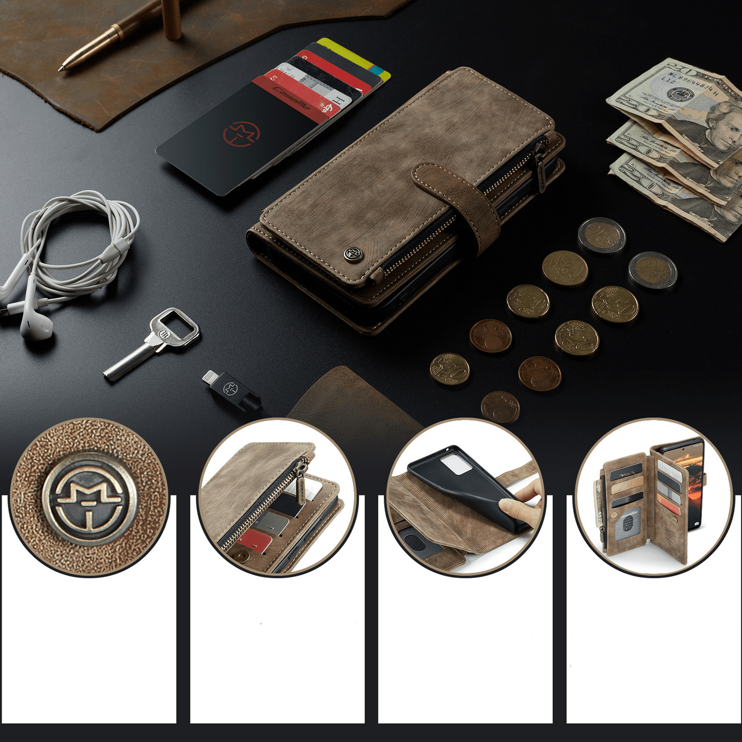 Leather Zipper Wallet Case For A Series Phones With Cards-Portemonnees-NaLani