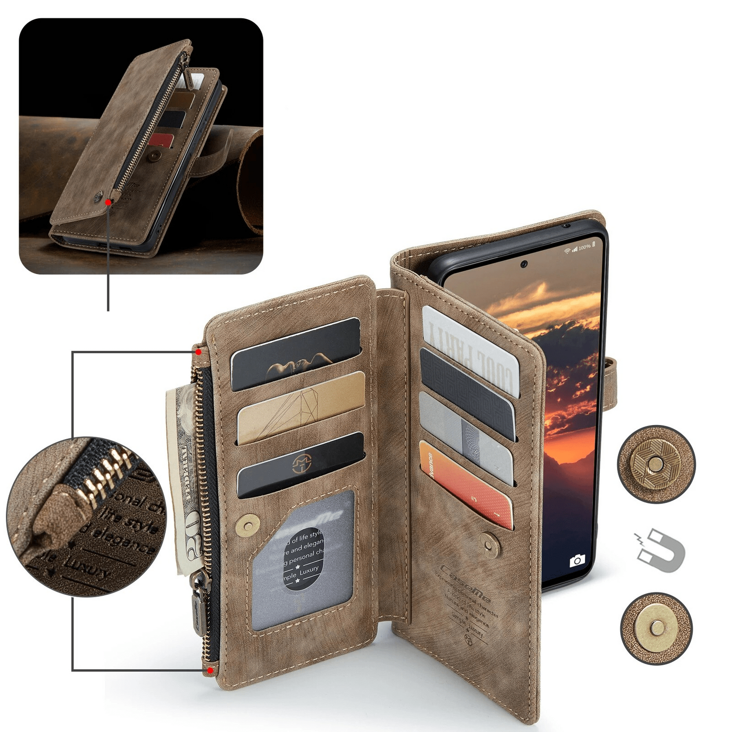 Leather Zipper Wallet Case For A Series Phones With Cards-Portemonnees-NaLani