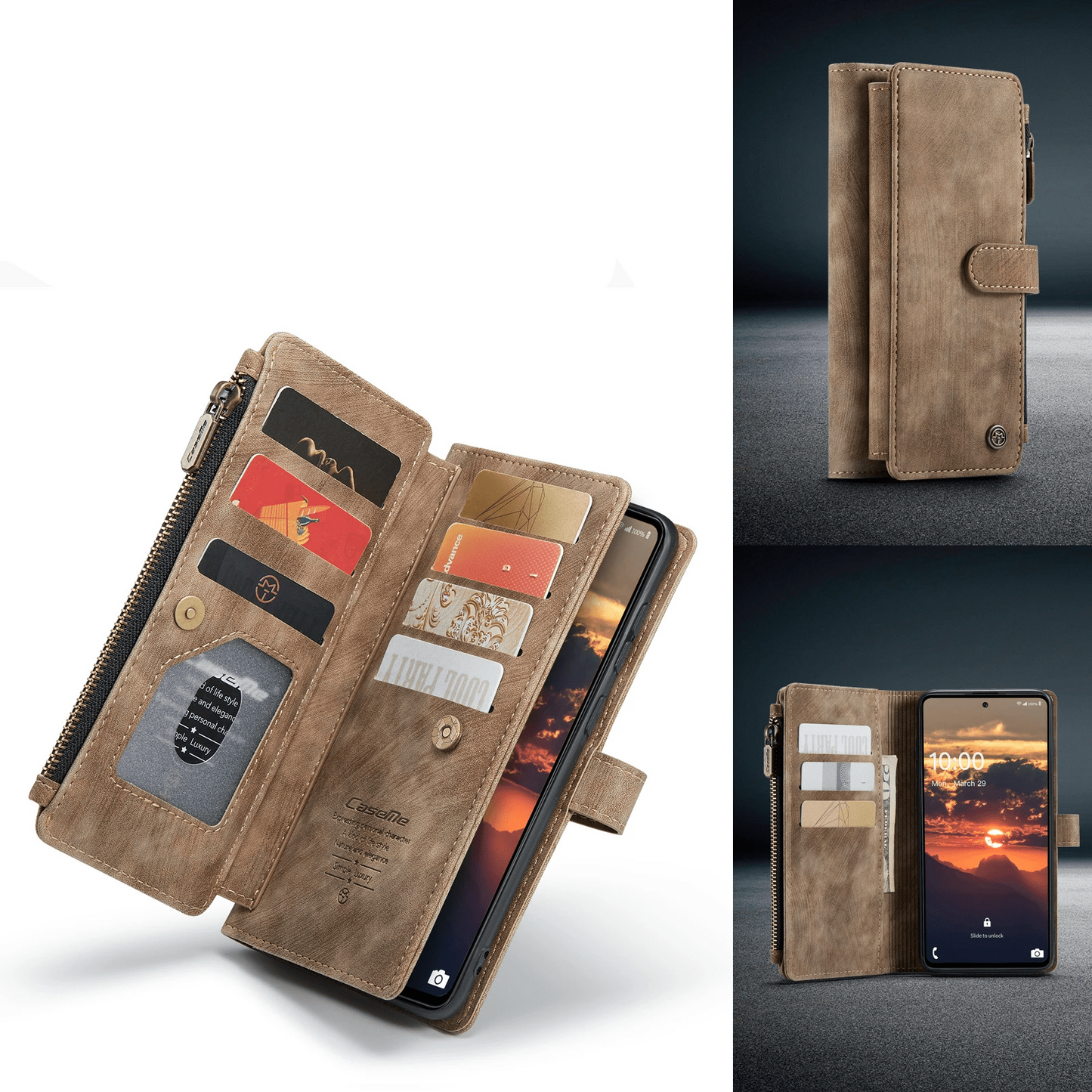 Leather Zipper Wallet Case For A Series Phones With Cards-Portemonnees-NaLani