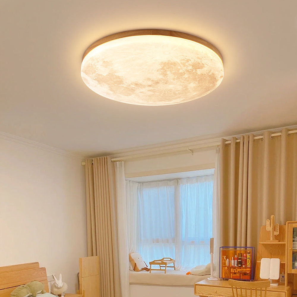 Simple Minimalist Moon Round LED Ceiling Light for Modern Homes Wood 3 Colour Change By Switch NALANI