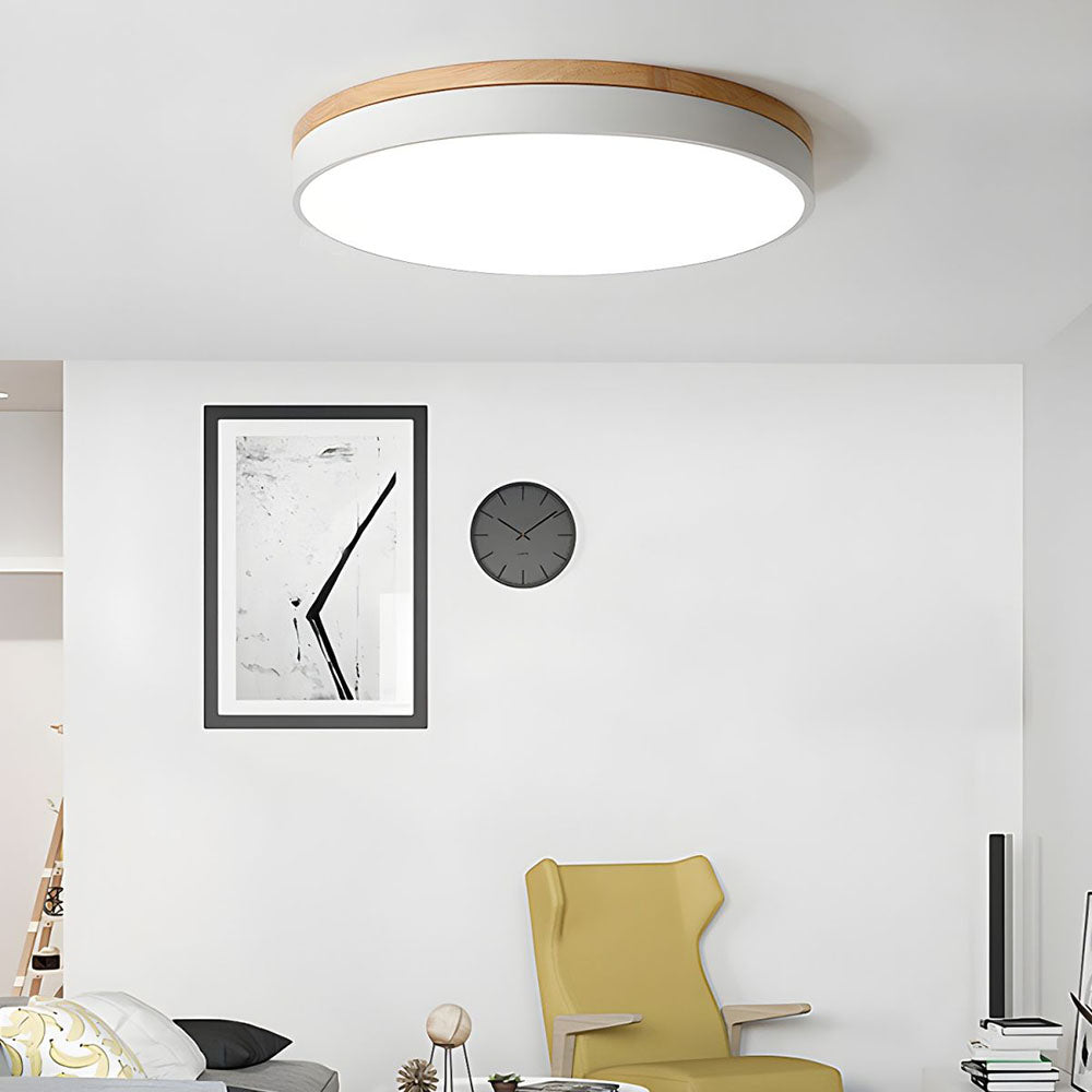 Wooden Round Shape Flush Ceiling Lights For Living Room White D40cm*H6cm(30W) NALANI