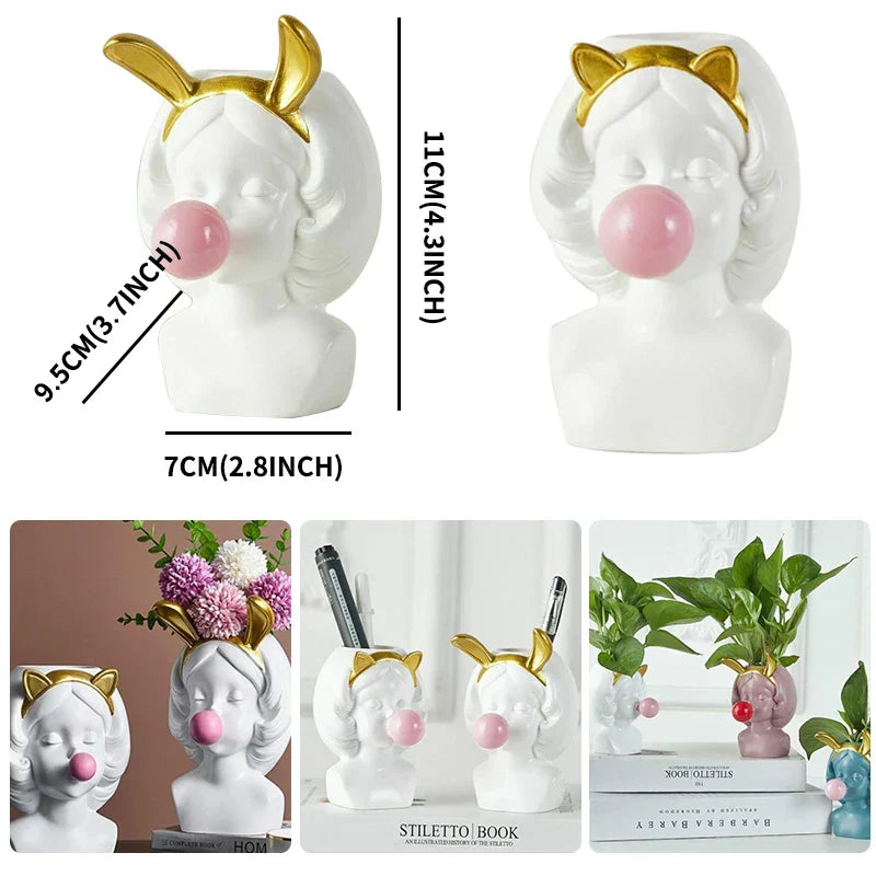 Cute Bubblegum Girl Ceramic Face Vase for Whimsical Home Decor NALANI