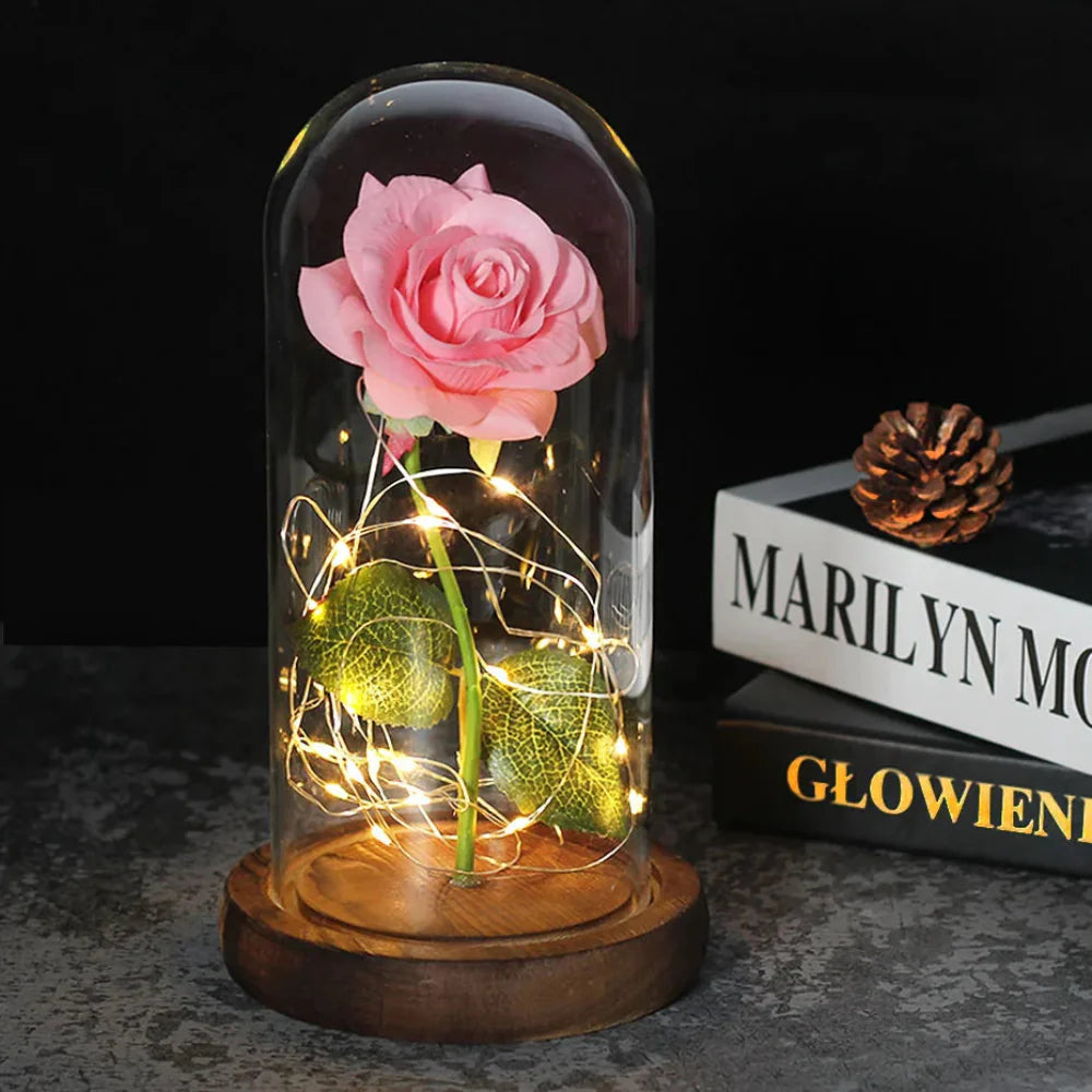Eternal Rose In Glass Dome With LED Lights For Decor Pink Classic Dark NALANI