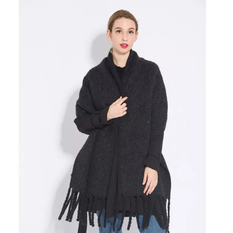 Thick Warm Cashmere Scarf With Long Fringes For Winter Black 190X50CM NALANI