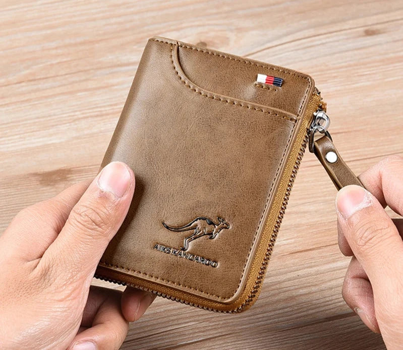 Leather RFID Protected Zipper Wallet for Men Waterproof Khaki NALANI