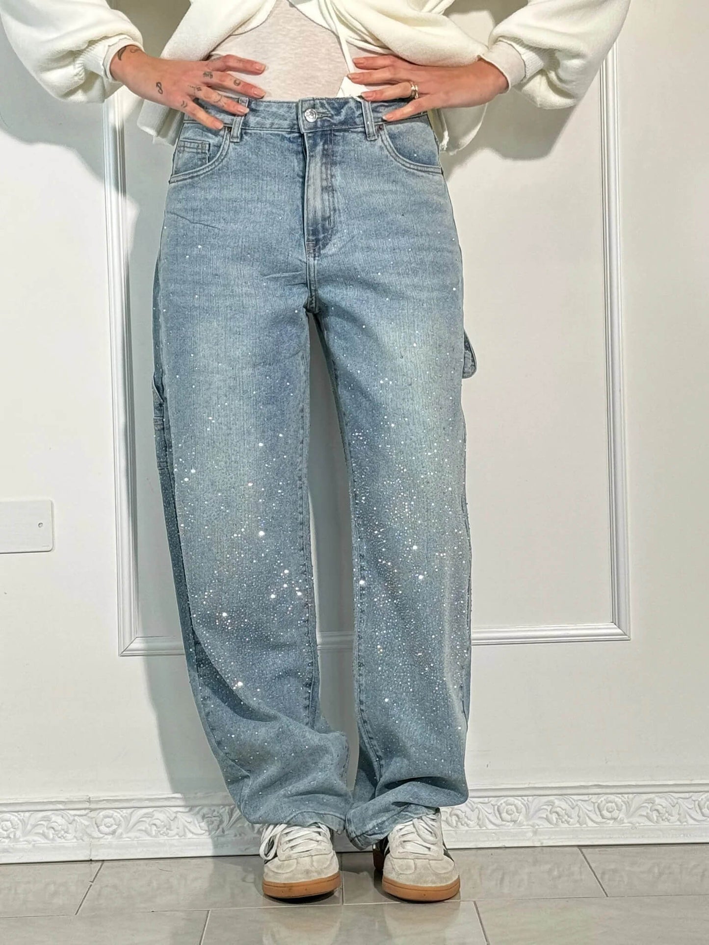 Women’s Blue Black Baggy Jeans – Balloon Fit – Sparkling Embellished Details – Full Length Denim