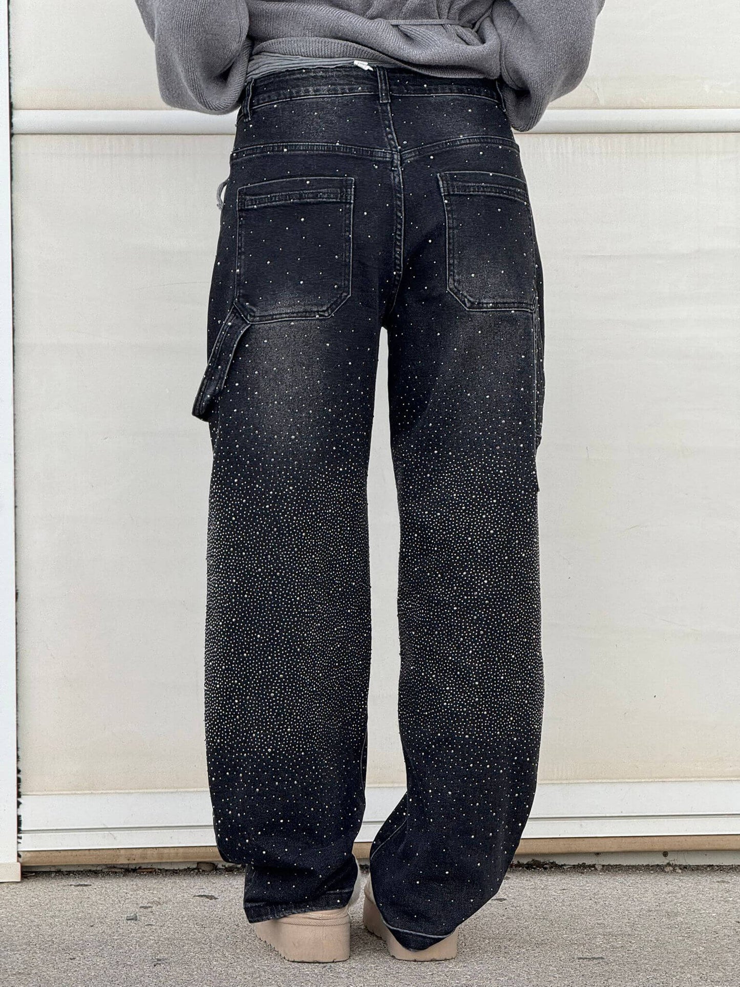 Women’s Blue Black Baggy Jeans – Balloon Fit – Sparkling Embellished Details – Full Length Denim