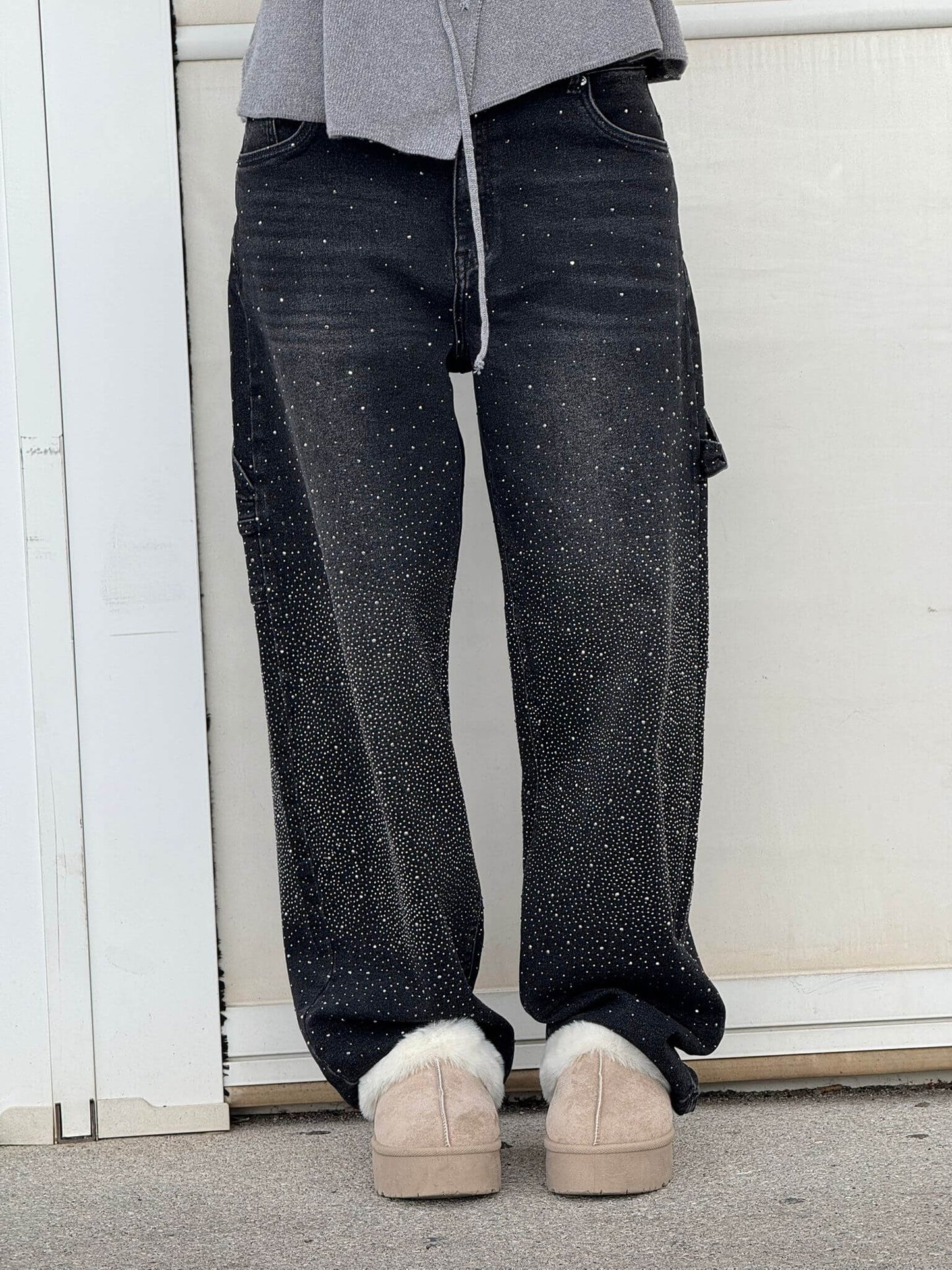 Women’s Blue Black Baggy Jeans – Balloon Fit – Sparkling Embellished Details – Full Length Denim