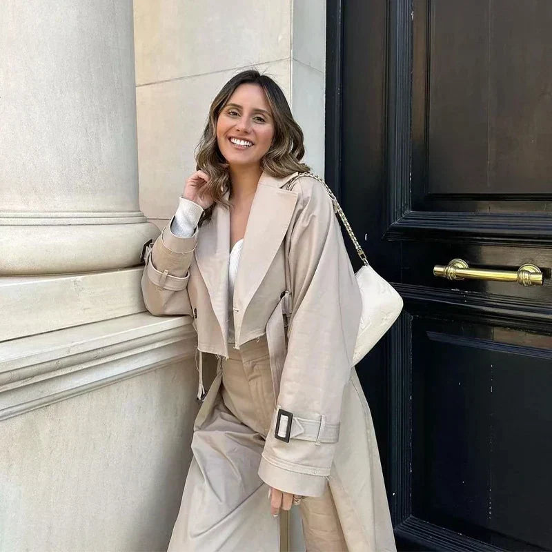 Women’s Short Cropped Trench Coat – Relaxed Fit – Double-Breasted – Belted Cuffs – Boxy Silhouette