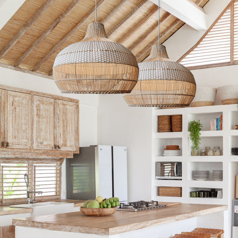 Woven Rattan Pendant Light for Kitchen Island with Woven Shade Calora
