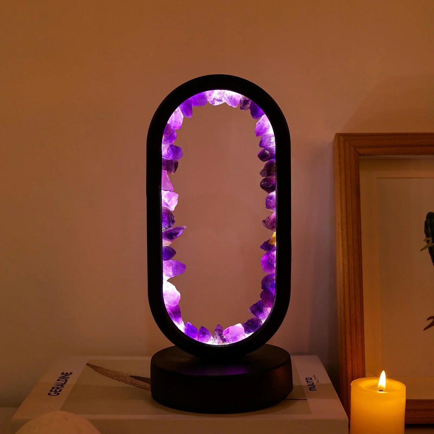 Lucento - Crystal Frame LED Lamp With Natural Crystals Glow Light Amethyst Raw Black NALANI