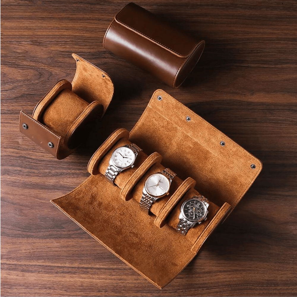 Leather Watch Case Organizer for Timepieces and Accessories Brown leather 3 compartments NALANI