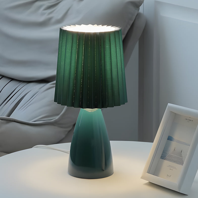 12 Inch Pleated Fabric Table Lamp with Glass Base and USB Dimmable Light Green NALANI