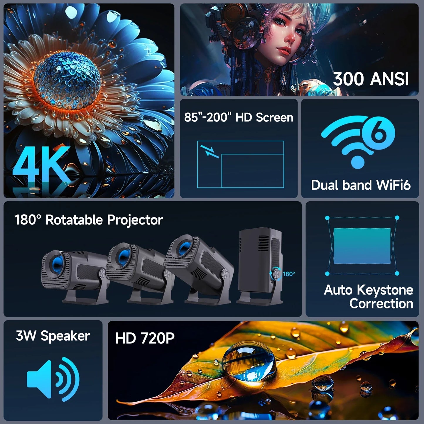 4K WiFi Mini Projector With 180 Degree Swivel Portable NALANI