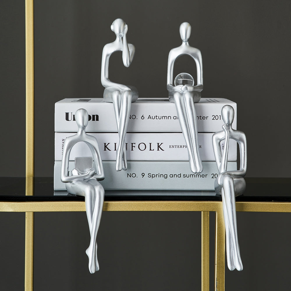 Abstract Book Shelf Decor Figures for Unique Home Accent (Silver) 1 set (4 pieces) NaLani