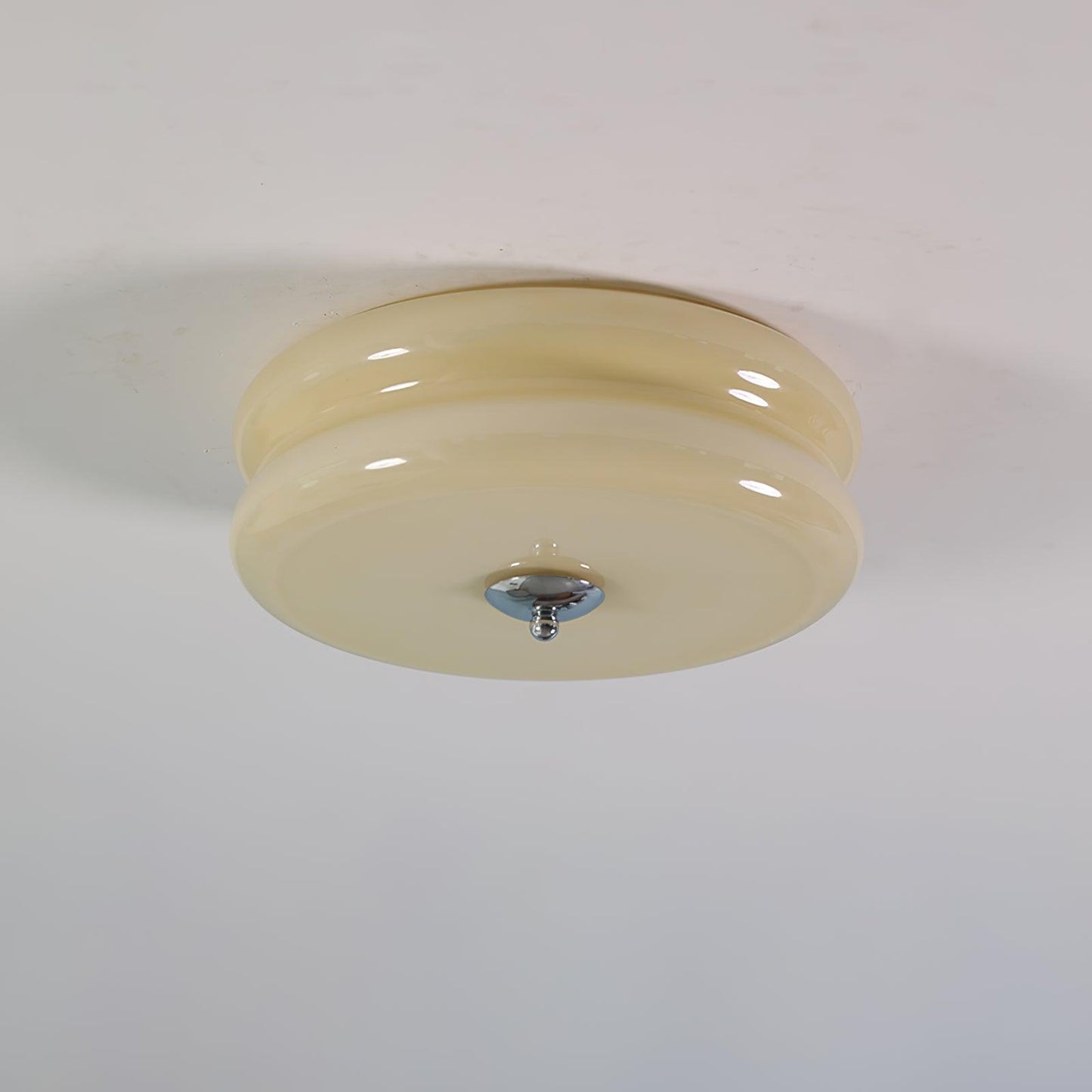 Art Deco Vintage Ceiling Light With White Glass Shade ∅ 12.6″ x H 5.1″ Dia 32cm x H 13cm Chrome+Beige NALANI