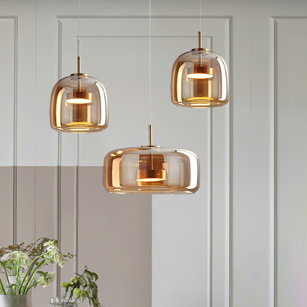 Artisan LED Hanging Lamp with Metal and Amber Glass Design NaLani