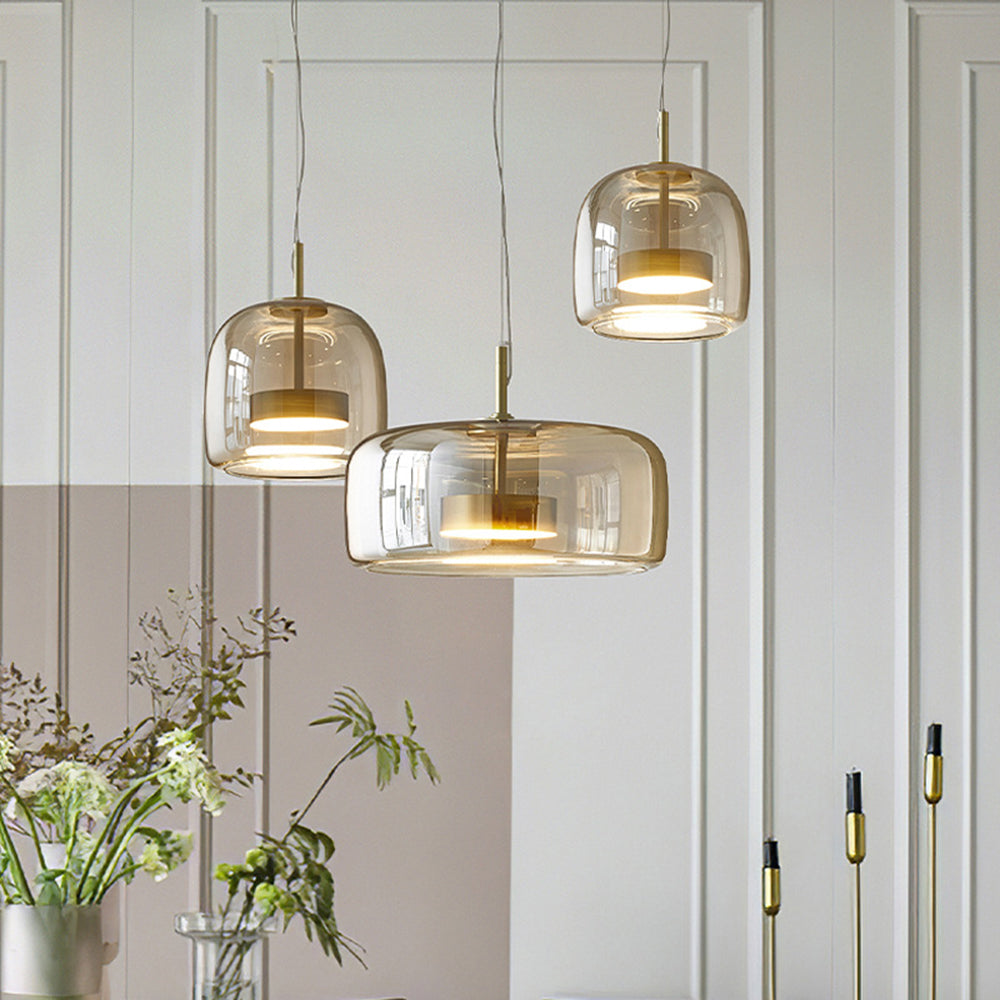 Artisan LED Hanging Lamp with Metal and Amber Glass Design NaLani