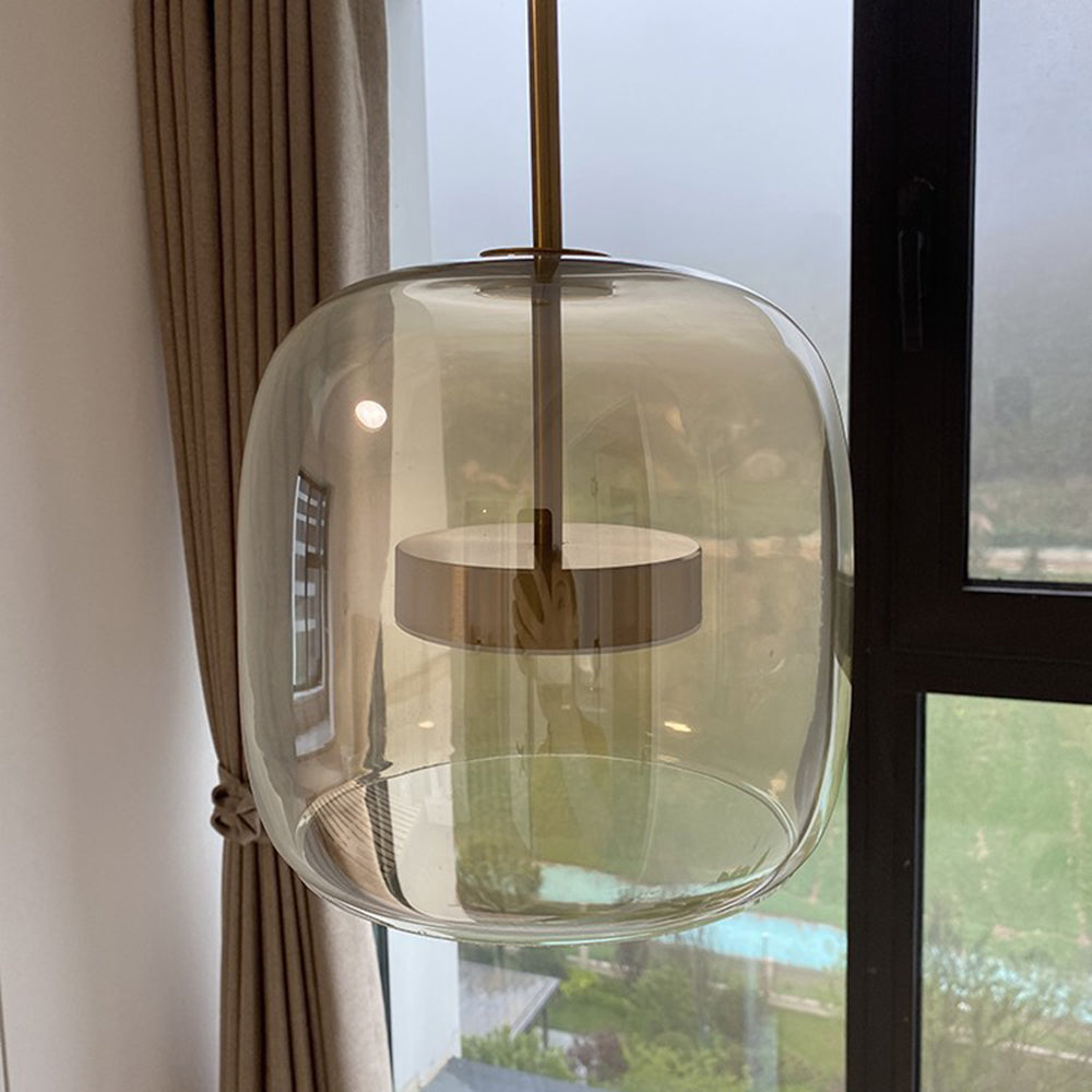 Artisan LED Hanging Lamp with Metal and Amber Glass Design NaLani