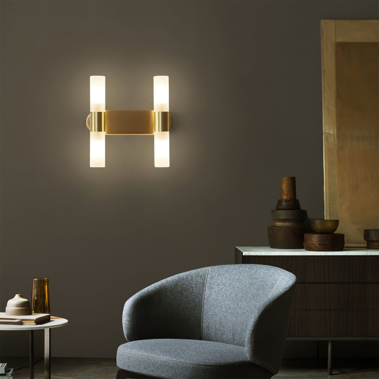 Brass LED Wall Lamp With Glass Cylinder Shade Diffused Glow NALANI