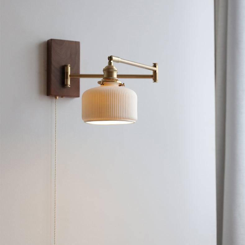Ceramic Wall Lamp with Wooden Plate Modern Rustic Home Lighting Fixture Cylindrical lampshade NALANI