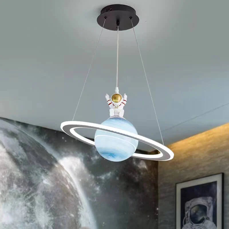 Children's LED Hanging Lamp with Planetary Motif for Kids Room Blue B (With Astronaut) 3 Colours NaLani