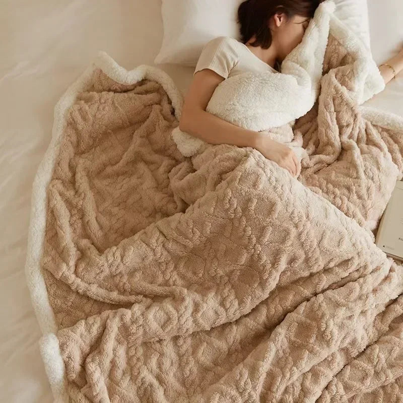 Cozy Winter Lambswool Blanket Throw With Microfleece Beige NALANI