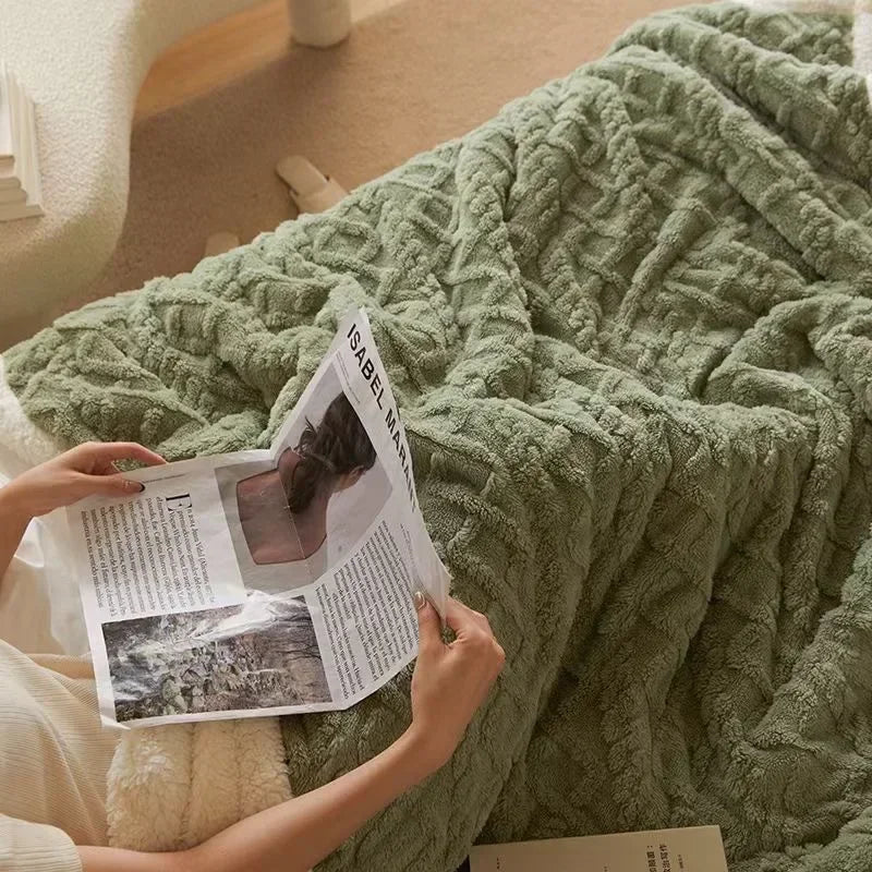 Cozy Winter Lambswool Blanket Throw With Microfleece Green NALANI