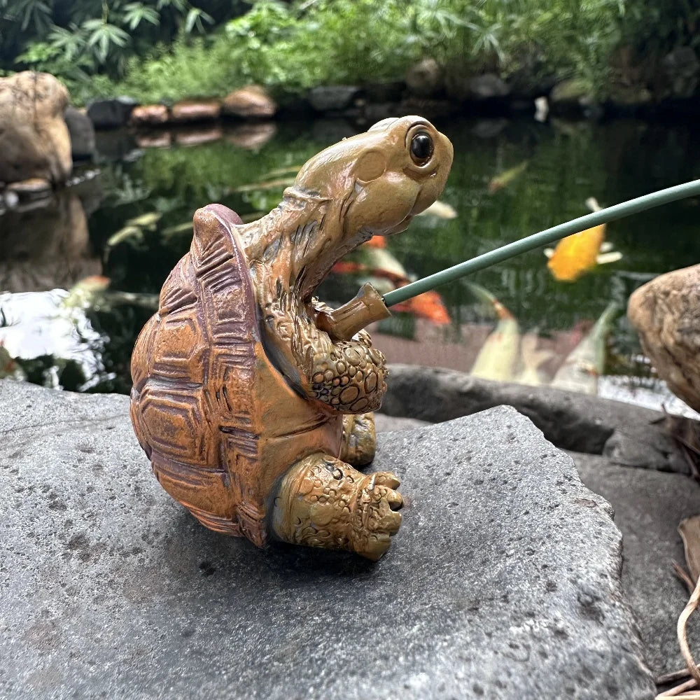 Cute Tortoise Garden Statue with Fishing Rope Decorative Ornament SEREIN