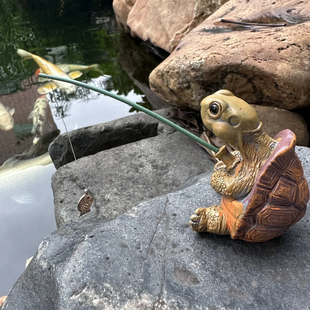 Cute Tortoise Garden Statue with Fishing Rope Decorative Ornament SEREIN