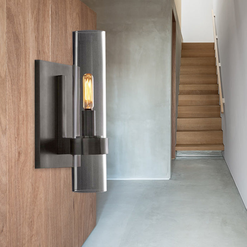 Cylinder Sconce Wall Lamp Clear Glass Black Brass For Stair NALANI