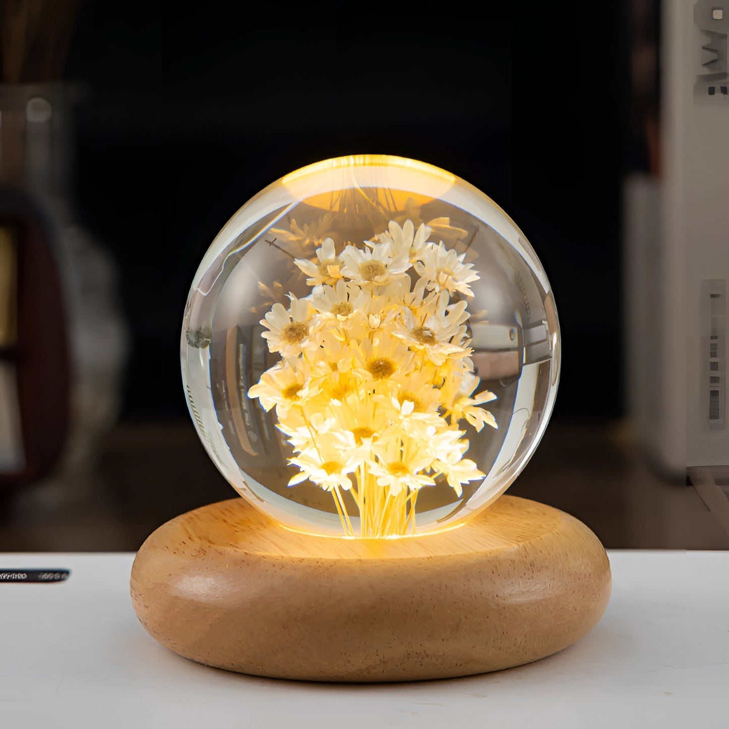 Dandelion Resin Lamp With LED Wooden Base Night Light Geel Madeliefje Round B NALANI