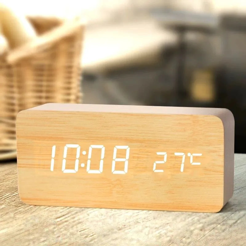 Digital Wooden Alarm Clock with LED Display and Temperature NaLani