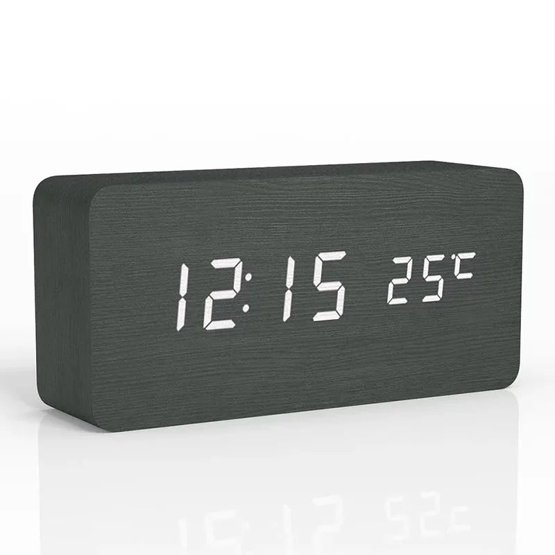 Digital Wooden Alarm Clock with LED Display and Temperature Black NaLani