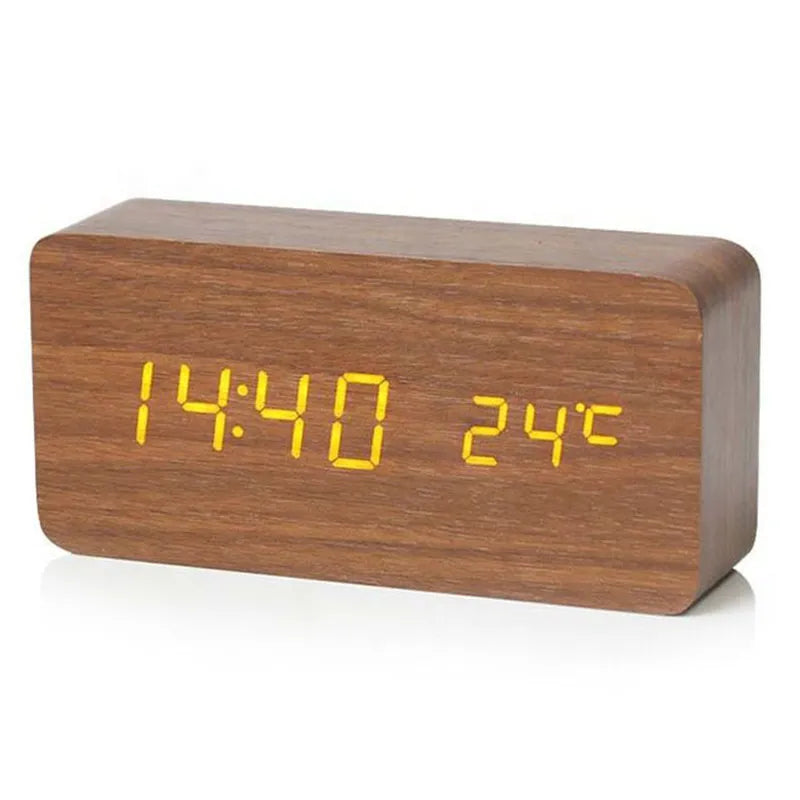 Digital Wooden Alarm Clock with LED Display and Temperature Brown NaLani